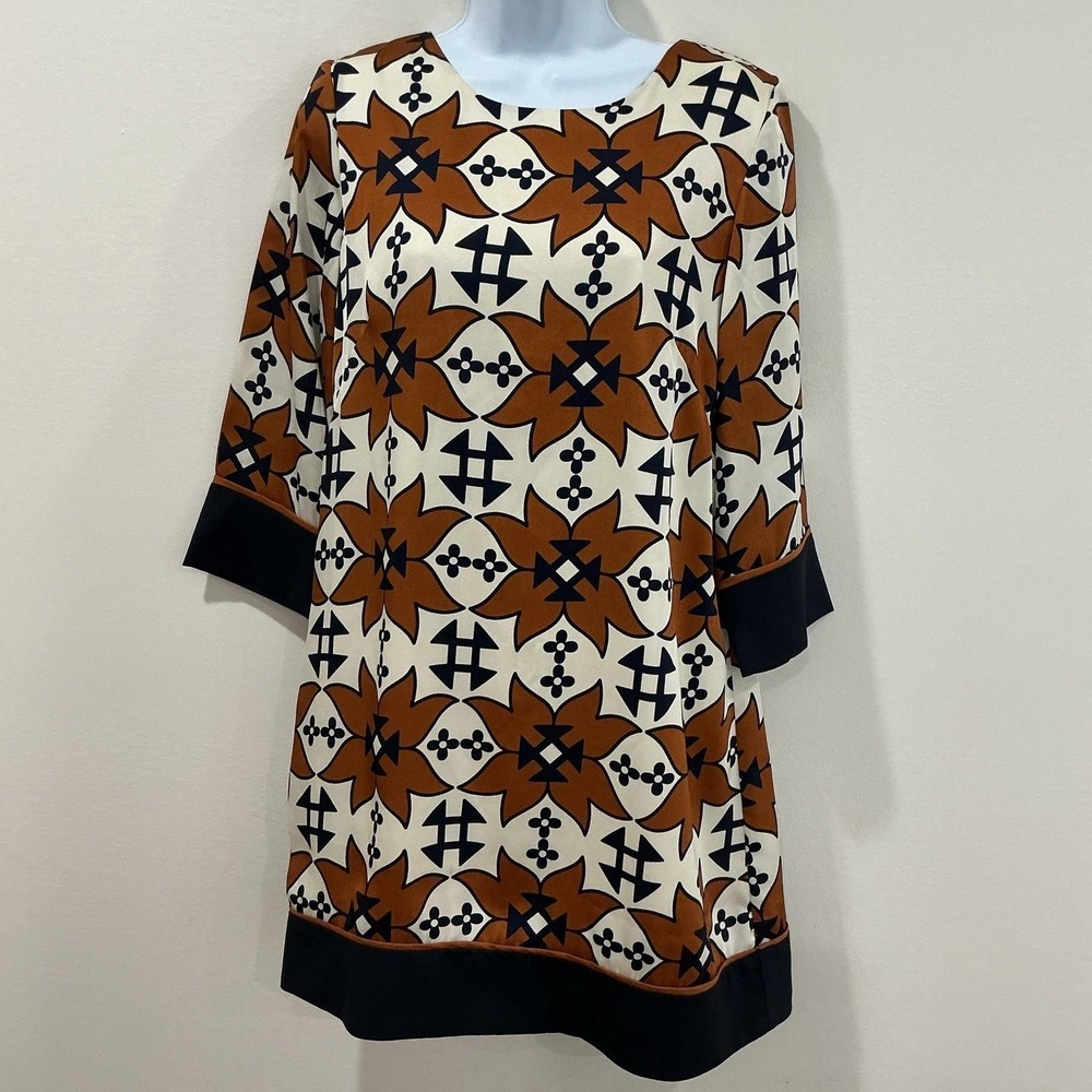 Jade by Melody Tam brown navy patterned shift dress size M geometric